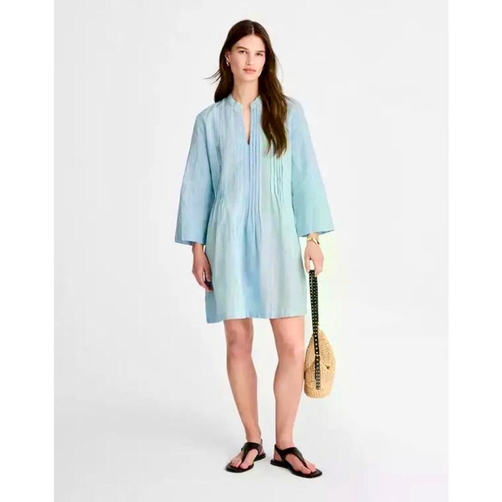 Madewell pleated splitneck roll sleeve mini shirtdress linen blend Stripe size M